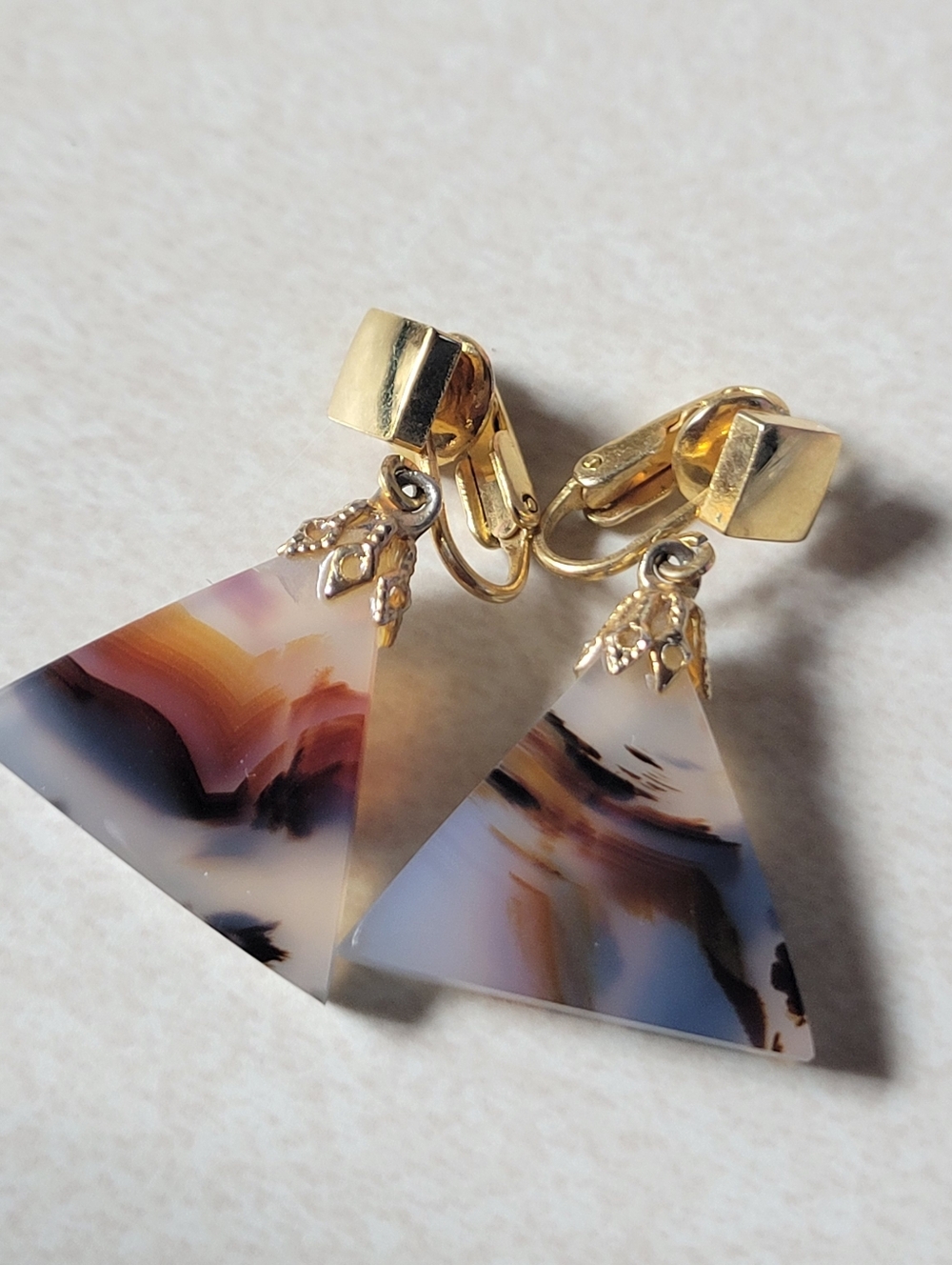 Gold-Tone Clip-On Earrings with Multicolor Agate Triangle Drops